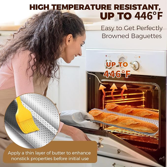 Yupjlia Baguette Bread Pan, Premium Nonstick Perforated French Bread Baking Pan, 2 Loaves Baguette Tray for Sourdough, Italian Bread Baking, Perfect for Creating Crisp Golden-Brown Crust