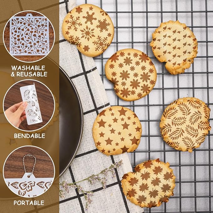 42PCS Cookie Stencils Reusable Cookie Cake Stencils Royal Icing, Plastic Baking Stencil for Cake Decorating Buttercream Dessert Coffee DIY Drawing Birthday Party (Random Style 5.5In)