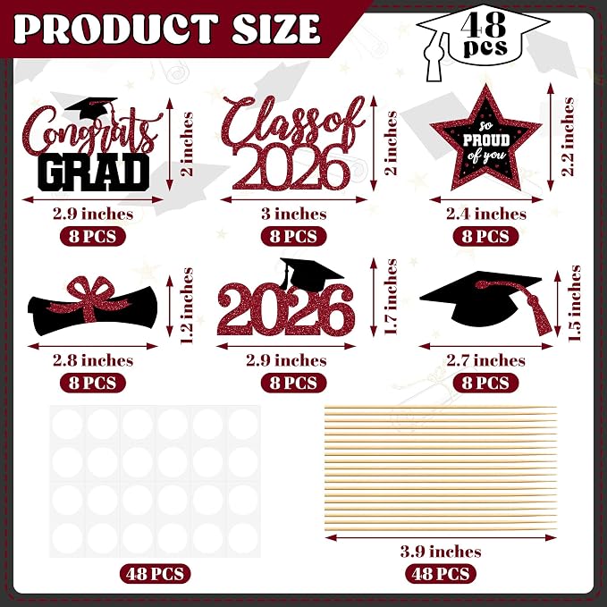 48 PCS Graduation Cupcake Toppers 2026, 6 Styles Grad Cake Topper, Congrats Graduation Decorations, Black and Burgundy Glittery Cap and Diploma Cake Picks for Grad Party Decor Supplies