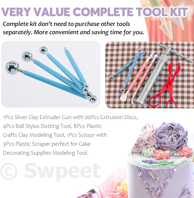 Swpeet 36Pcs Silver Clay Extruder Gun Fondant Sugar Paste Extruder Clay Cake Sculpture Gun, Ball Stylus Dotting Tool with Plastic Scraper, Cake Decorating Supplies Modeling Tool