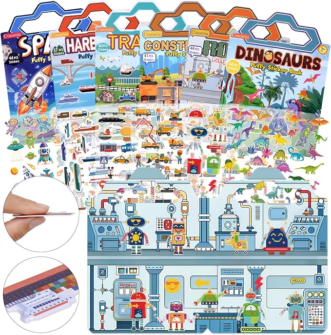 6 Pack Reusable Puffy Sticker Books, 250Pcs Kids Activity Stickers Ages 3+, Travel Sticker Book Dinosaur/Space/Traffic/Robot/Harbor/Construction for Boys Girls