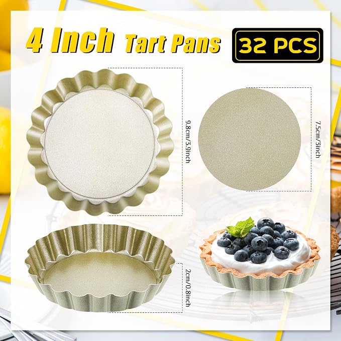 Uiifan 32 Pcs Mini Tart Pans, 4 Inch Nonstick Egg Tart Molds with Removable Bottom, Round Fluted Quiche Pan for Pie, Mousse Cake, Dessert Baking,Cheesecake, Gold