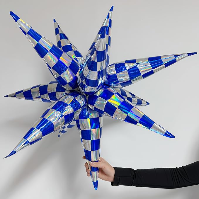 2 * 12 Pcs Blue Silver Iridescent Checkered Star Foil Balloons/Race Car Party/Talla*dega Nights 1st Birthday/Outer Space Galaxy Theme/Las Vegas Casino Bar Party/Father's Day(2Pcs Blue laser)
