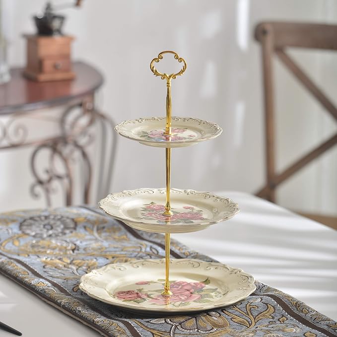 YOLIFE Pink Rose Pattern 3 Tiered CupCake Stand, Emboss Golden Leaves Edge Porcelain 3 Tier Pastry Desert Fruit Stand