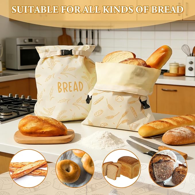2 Pack Beeswax Bread Bags for Sourdough & Homemade Bread, 17x13 Inch Reusable Linen Beeswax Bread Bag with Buckle to Keeps Bread Freshness for Food Storage(Wheat)
