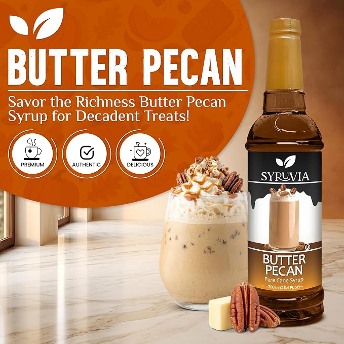 Syruvia Coffee Syrup, Butter Pecan Flavored Syrup for Drinks, Lattes, and Desserts – 25.4 fl oz - with Pump