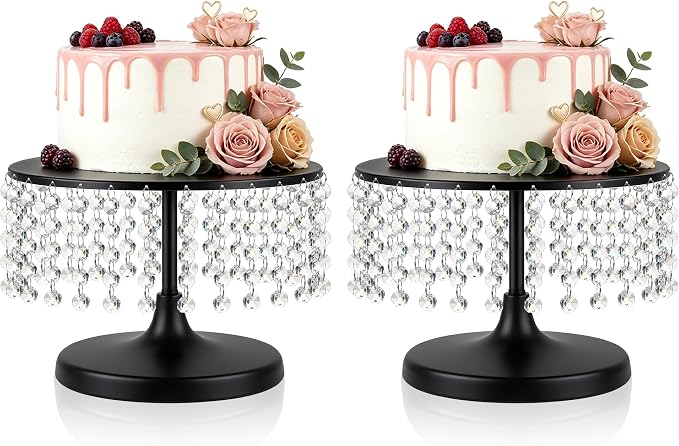 Metal Cake Stand Set with Crystal Pendants - Elegant Dessert Table Display for Weddings, Birthday Parties, Baby Showers, Events - Sturdy Crystal Bling Cupcake Stands for Pastries, Sweets, Decorations (Black, 2 PCS-L)