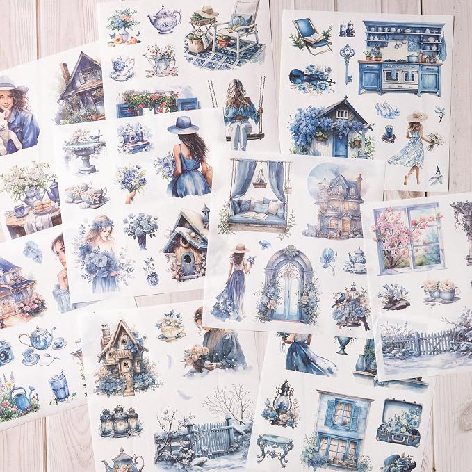 YagCu Garden Junk Journal Stickers, 50 Sheets Washi Journaling Sticker Book, Scrapbook Supplies, Watercolor Scrapbooking for Adults, Blue Decorative Ephemera Arts Craft