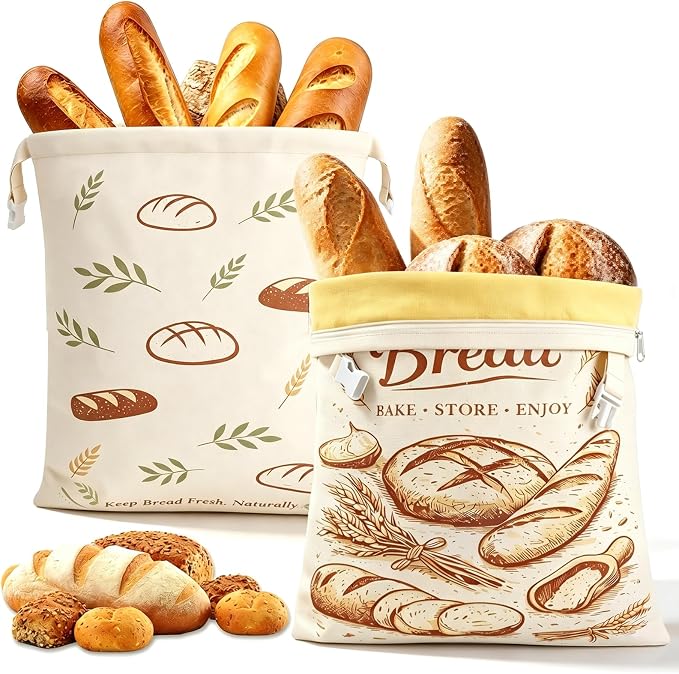 Beeswax Linen Bread Bags with Zipper & Buckle Closure, 2 Pack XL | Reusable beeswax linen bags. Preserve freshness and texture of sourdough and artisan loaves for daily storage.