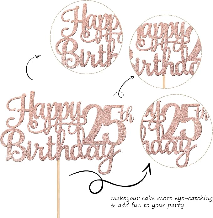1 PCS Happy 25th Birthday Cake Topper Glitter Cheers to 25 Years Birthday Cake Pick 25 Fabulous Cake Decoration for Happy 25th Birthday Theme Party Decorations Supplies Rose Gold