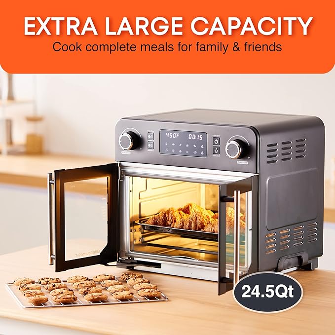 Elite Gourmet EAF9010B All Steel Exterior, 24.5Qt. French Door Air Fryer Convection Countertop Oven, 12" Pizza Extra Large Capacity, Temperature + Timer Controls, Bake, Toast, Broil, Air Fry, Black