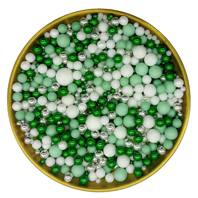 Edible Green Series & White Sugar Pearls Sprinkles Candy Mix Size Pearls Cake Decorations Cupcake Toppers Decorating Perfect for Wedding Party Valentine Supplies 4.58OZ