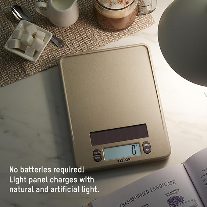 Taylor Light Powered Digital Kitchen Scale, Coffee Husk Blend Material, Solar Panel with Endless Power, No Batteries Needed, Energy-Saving, 11lb Capacity, Beige