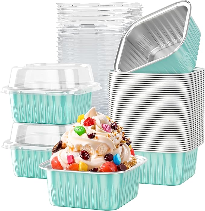 40 Pack 5 OZ Mini Cake Pans with Lids, Disposable Square Aluminum Foil Brownie Baking Cups, Mini Aluminum Foil Cupcake Muffin Tin Ramekins, Flan Molds Cake Containers for Wedding Birthday Party, Blue