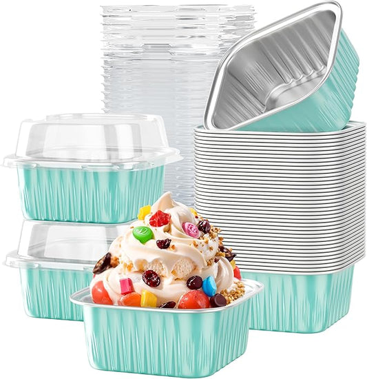 40 Pack 5 OZ Mini Cake Pans with Lids, Disposable Square Aluminum Foil Brownie Baking Cups, Mini Aluminum Foil Cupcake Muffin Tin Ramekins, Flan Molds Cake Containers for Wedding Birthday Party, Blue