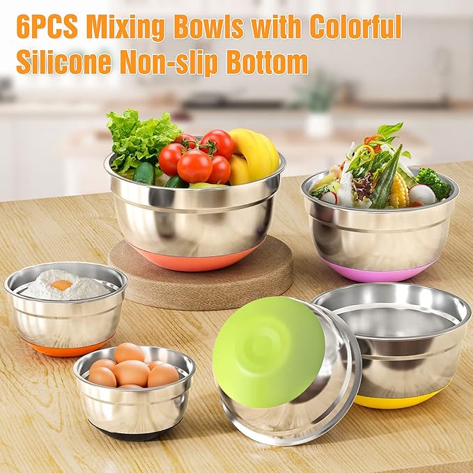 600W Electric Hand Mixer with 6 Piece Mixing Bowls | Mixer Electric Handheld Stainless Steel Metal Nesting Bowls Set for Kitchen Cooking Baking