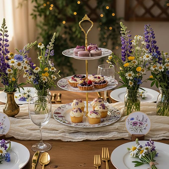 Lallisa Wildflower Party 3 Tier Dessert Stand 10,9 and 7 Ceramic Wildflower Baby Shower Tea Party Tiered Tray Cupcake Stand Display Holder Tower for Wedding Bridal Shower Decoration