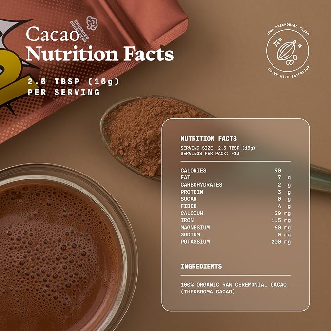 Ultra Life Sport - Ceremonial Cacao - 100% USDA Raw Organic Cacao Powder Superfood - Contains Theobromine with Antioxidants, Iron, Magnesium, and Calcium - A Coffee Substitute, Caffeine Free - 1/2 lb