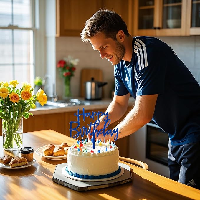 Blue Happy Birthday Cake Topper - Acrylic WordArt Design for Cakes and Cupcakes, Suitable for Birthday Party Decoration