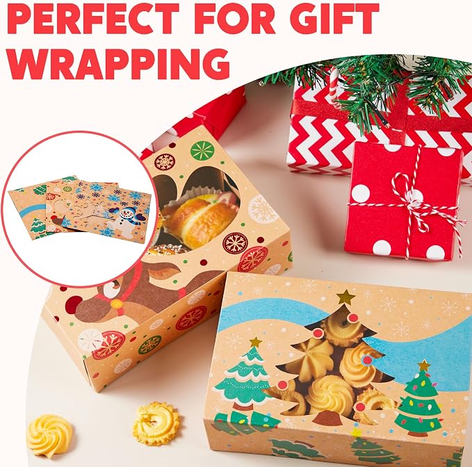 JOYIN 36PCS Christmas Cookie Boxes for Gift Giving, 8.5" x 5.75" x 2.75" Xmas Holiday Treat Cookie Tin with Window, 3 Designs Brown Foiled Kraft Bakery Boxes for Pastries, Cupcakes, Brownies, Doughnut