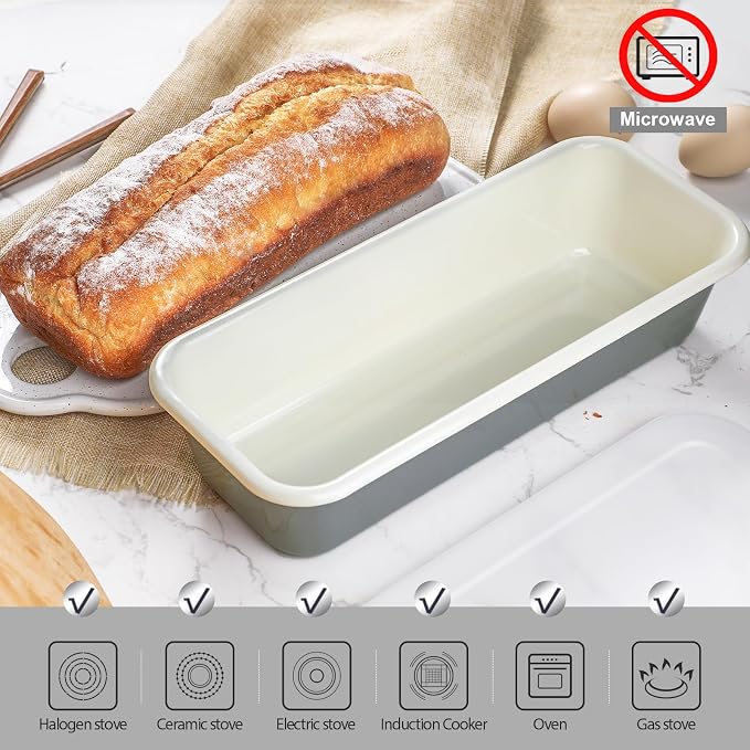 Webake Large Enamel Bread Pan with Lid, Long Banana Bread Loaf Pan for Baking, Non-Stick Rectangle Cake Pan Enamelware 12 x 4.5 Inch