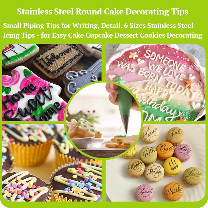 Suuker Round Piping Tips Set, 6 Pieces | Seamless Stainless Steel, Icing Tips, Cupcake Frosting Nozzles, Small Cake Decorating Tip, Cake Writing Tool