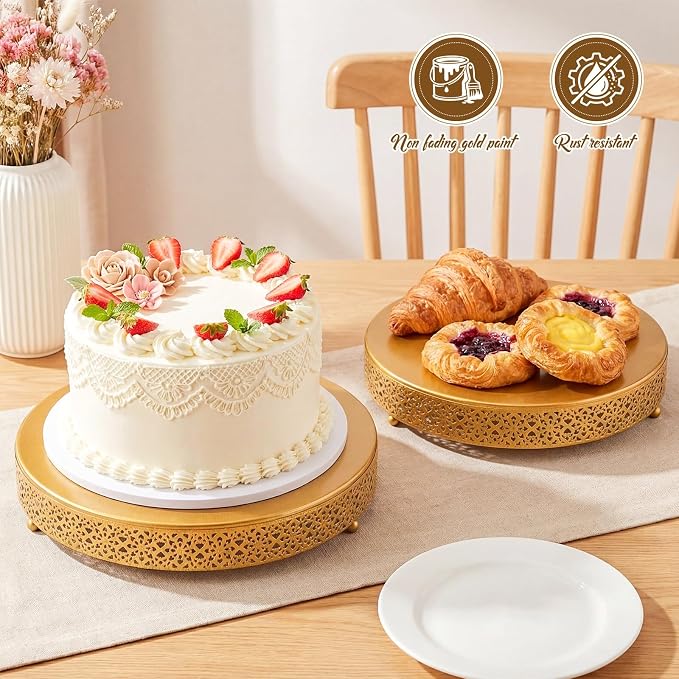 Wenqik 2 Pack Cake Stand Set, 14/16 Inch Metal Cupcake Dessert Stand Decorative Round Elegant Cake Display for Weddings Party Baby Showers Birthday Anniversary, Gold