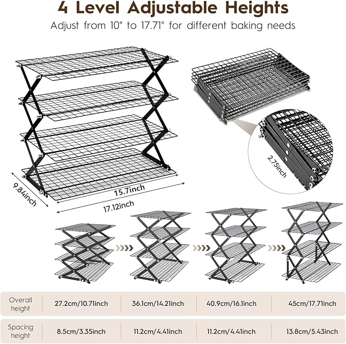 4 Tier Collapsible Cooling Rack - Upgraded Adjustable Heavy Duty Cooling Rack with 4 Setting Stackable Design - Space-Saving Folding Wire Bread Cookie Racks Cooling Baking Gifts for Women Black