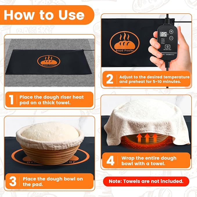 Bread Riser Dough Heating Mat - 10" x 20.47" XL Sourdough Heating Mat, 59°F - 140°F Adjustable Dough Riser Heat Pad for Sourdough Starter, Bread Proofer Warming Pat