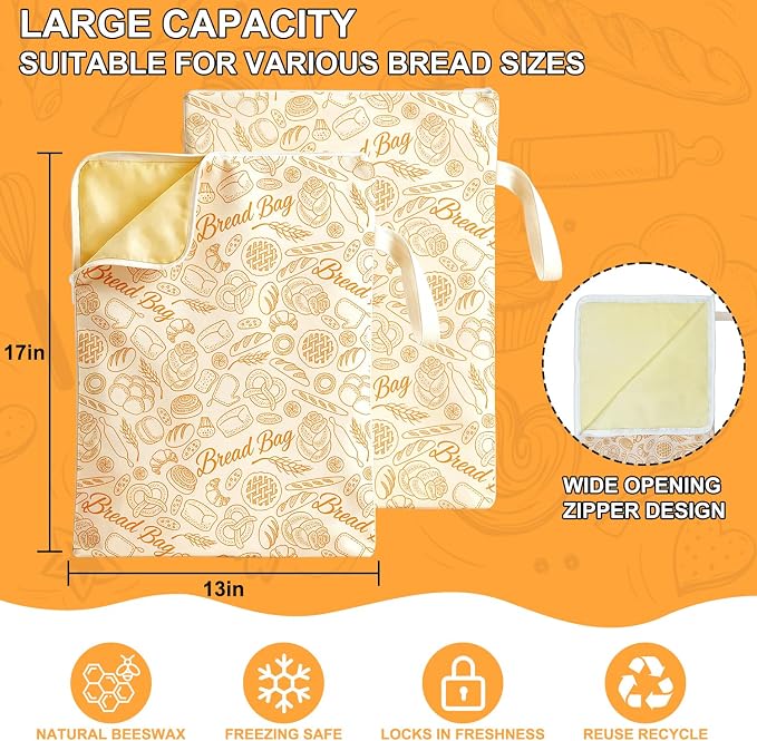 2PCS Zipper Reusable Beeswax Bread Bags 13"x17" Homemade Bread Bag | Breathable Bees Wax Bread Bag with Wide Zipper, Freezer Safe Beeswax Bags for Bread, Homemade Bread Storage