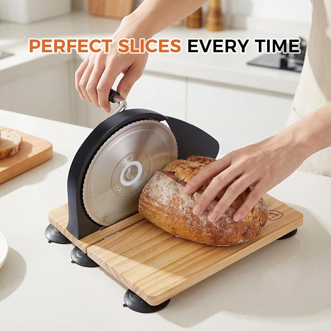 Premium Bamboo Bread Slicer for Homemade Bread - Heavy Duty Manual Slicer with Weighted Stability Base - Adjustable Thickness Guides - Foldable Design for Sourdough, Loaves & Bagels