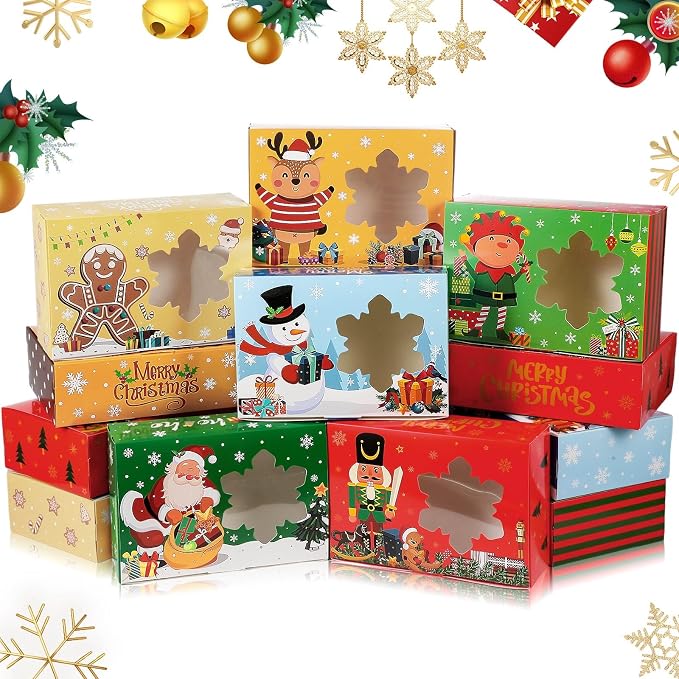 Beeveer 24 Pcs Christmas Cookie Boxes for Gift Giving Christmas Treat Boxes with Window Christmas Cookie Containers 8.7 x 5.7 x 2.8 Inch Kraft Holiday Bakery Box for Xmas Party Favor Cupcakes Candy