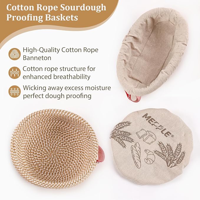Sourdough Bread Baking Supplies,10" Round and 11" Oval Cotton Rope Banneton Proofing Basket with Liners & Covers，Ideal for Artisanal Breadmaking for Home and Professionals Bakers Baking