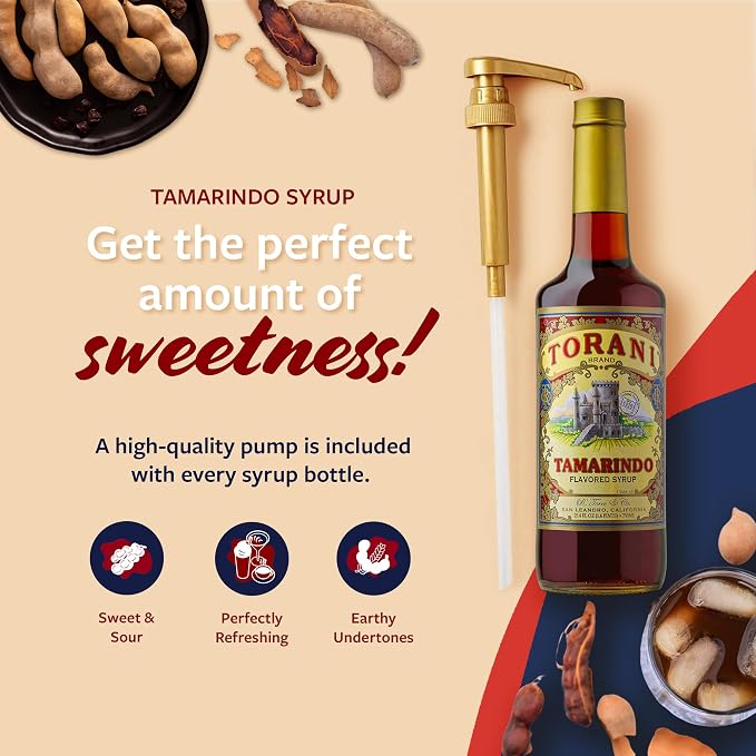 Torani Tamarindo Syrup, 100th Anniversary Flavor for Drinks, Glass Bottle with Pump Included, 25.4 Fl Oz