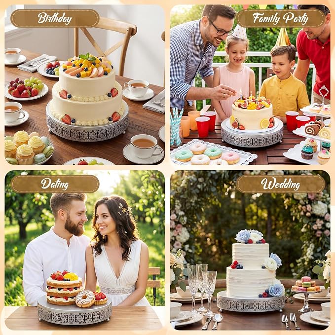 Wenqik Silver Cake Stand 12 Inch Metal Round Wedding Cake Stand with Cutting & Spatula Cupcake Dessert Cookies Display Holder Fruit Serving Tray for Wedding Birthday Anniversary Party