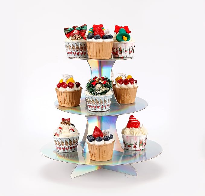 YLDW Cupcake Stand, 3-Tier Cupcake Stand Display, Cardboard Cup Cake Tower Stand, Disposable Dessert Stand for Birthday Tea Party Baby Shower Treat Decorations, Mirror Laser