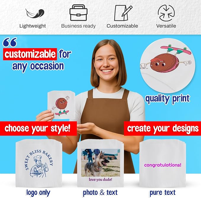 MT Products Custom Printed Small White Paper Bags 6" x 6.5 - Personalized Disposable White Cookie Bags