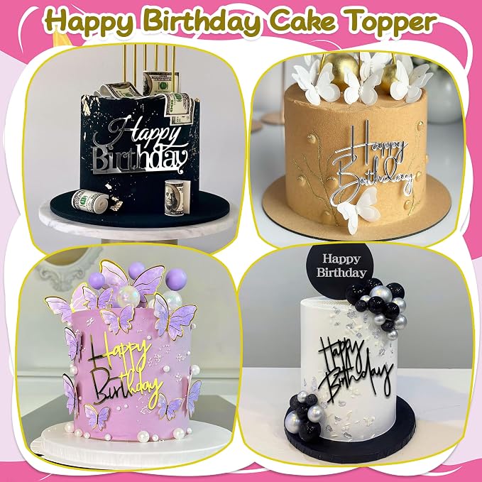 24 PCS Happy Birthday Cake Toppers Mirror Acrylic Side Cake Decorations 8 Styles 3 Colors