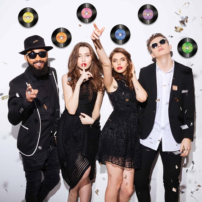 Vuzvuv 48Pcs 70s 80s 90s Disco Records Paper Cutouts with 100Pcs Glue Points,Records Cut Outs Bulletin Board Decorations for Birthday Party Theme Decor Supplies