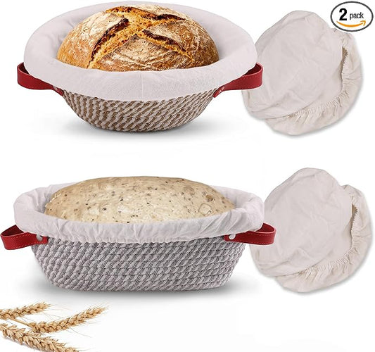 Banneton Bread Proofing Basket - Oval & Round Sourdough Bread Baskets Set - With Liner & Cloth Cover - For Bread Storage (Grey & Khaki Set) - Cotton Rope - Mother's Gifts