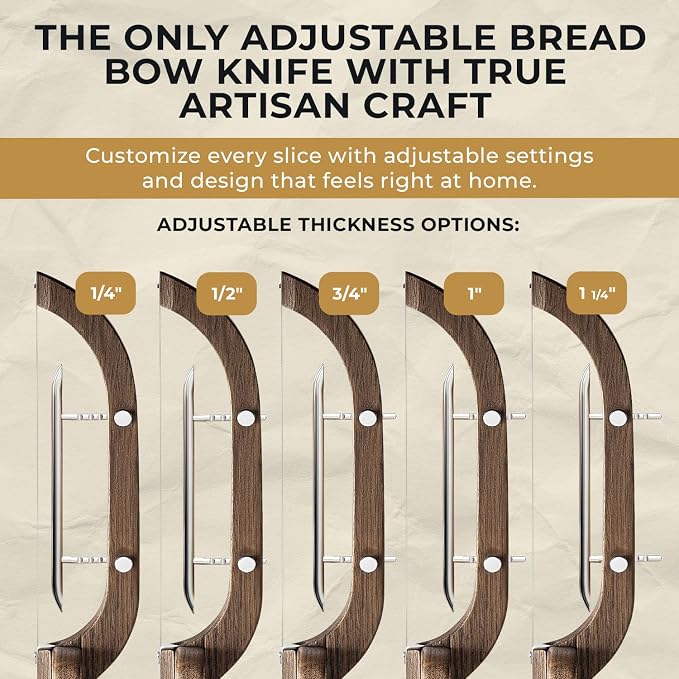 Adjustable Bread Bow Knife for Perfect Slices, Premium Wooden Frame, Tool-Free Blade Replacement, Multi-Thickness Cutter for Homemade Bread, Sourdough, Bagels, Loaves - Australian Mountain Ash