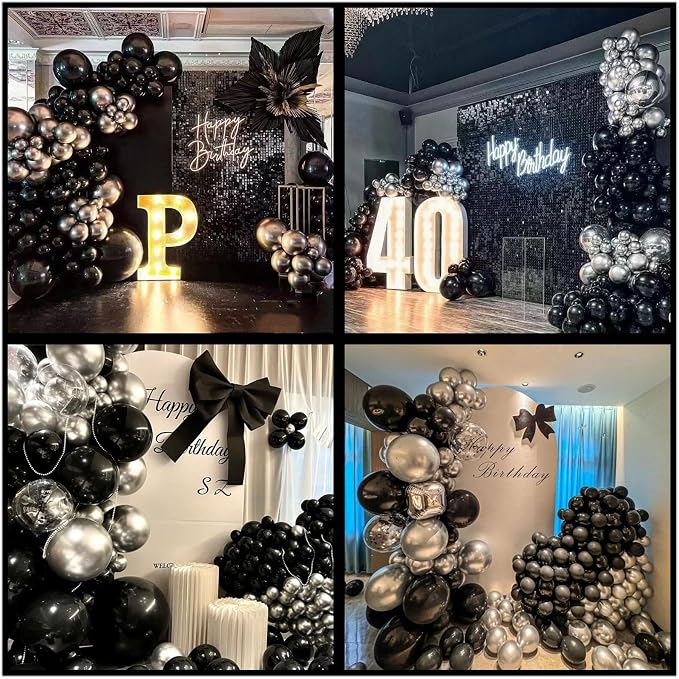 412Pcs Black and Silver Balloons Arch Kit, Latex Balloons Different Sizes 18 12 10 5 Inch for Birthday, Wedding, Graduation, Anniversary Decorations