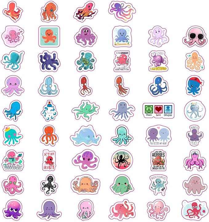 100Pcs Octopus Stickers for Water Bottle and Laptop - Marine Life Party Supplies & Decorations, Waterproof Vinyl Ocean Decals, Cute Octopus Stickers Laptop Decals, Gifts for Women & Men