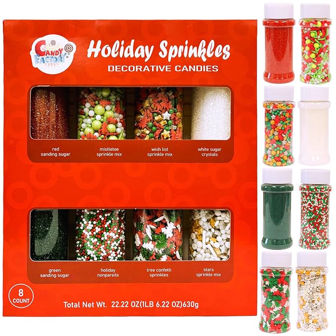 Sarah's Candy Factory Holiday Cake Cookie Sprinkles Set 8 Count 22.22 Oz | Cookie Sprinkles For Christmas, Party, Kosher, Sanding, Crystal, Nonpareils, Tree Confetti and Stars Different Types in Jar