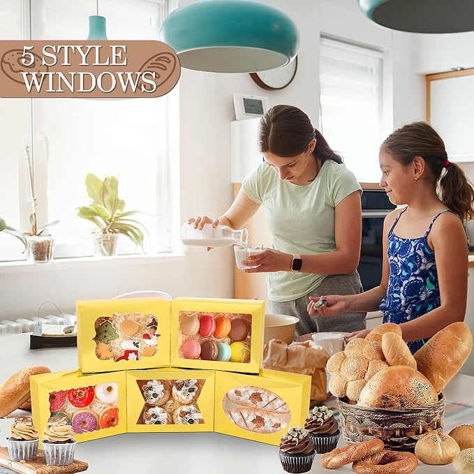 KPOSIYA 65 PCS 8x6x2.5 Inch Cookie Boxes with Window Gold Bakery Boxes Pastry Boxes for Gift Giving, Treat, Dessert, Cupcakes, Chocolate, Strawberries, Donuts, Muffins (5 Style Windows)
