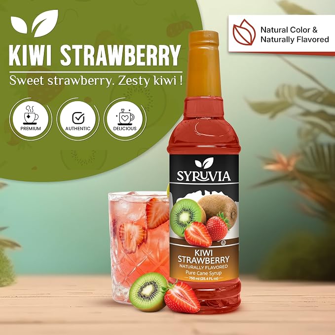Syruvia Strawberry Kiwi Syrup, Naturally Flavored Syrup for Drinks, Lemonades, Iced Teas, and Desserts – 25.4 fl oz - with Pump