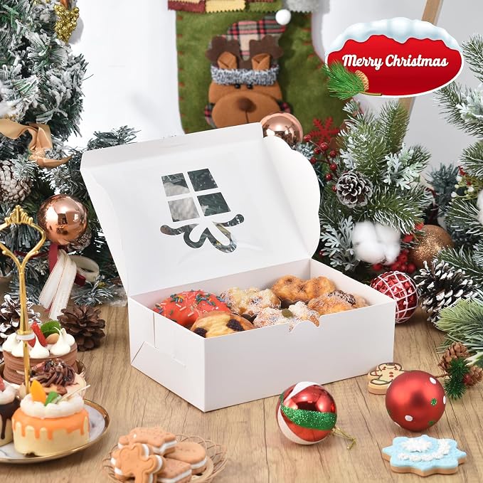 COTOPHER 18Pcs Christmas Cookie Boxes with Window, 9x6x3 inch White Bakery Boxes for Gift Giving, XMAS Treat Boxes Holiday Pastries Boxes for Cakes Muffins Donuts Chocolate Strawberries