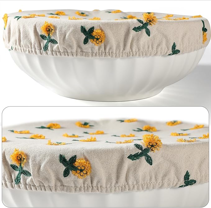 Reusable Bowl Covers for Bread Proofing Baking Embroidered Daisy Linen Cotton Cloth Fabric Washable with Elastic Cover for Food Fruit Salad Eco-friendly (Beige Daisy)