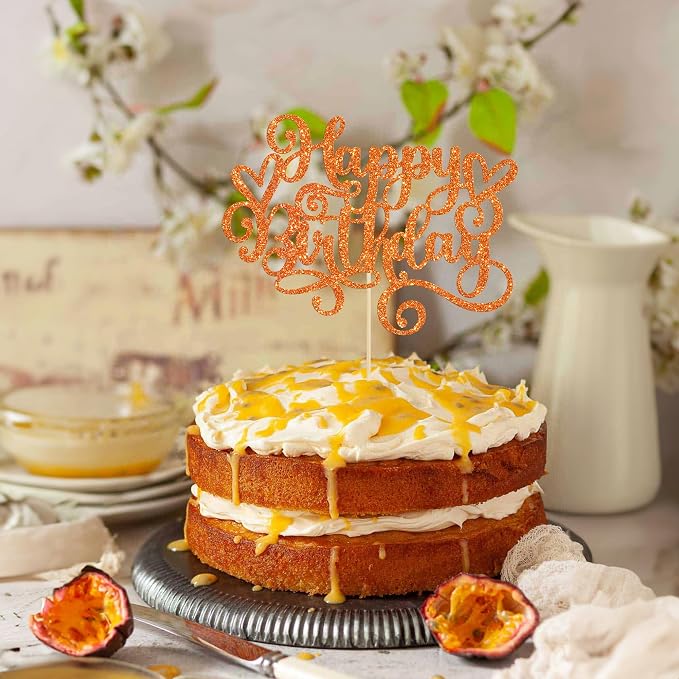 Gyufise 1Pcs Happy Birthday Cake Topper Glitter Cake Pick Bunting Decor for Anniversary Celebrating Party Cake Decorations Supplies Orange