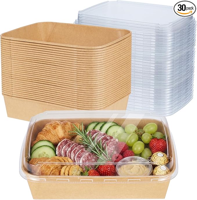30 Pack 78oz Large Charcuterie Boxes with Clear Lids, To Go Paper Large Charcuterie Box with Lid, 10 x8 x3in Disposable Bakery Take Out Containers for Desserts, Cookie, Charcuterie, Snack and Fruit